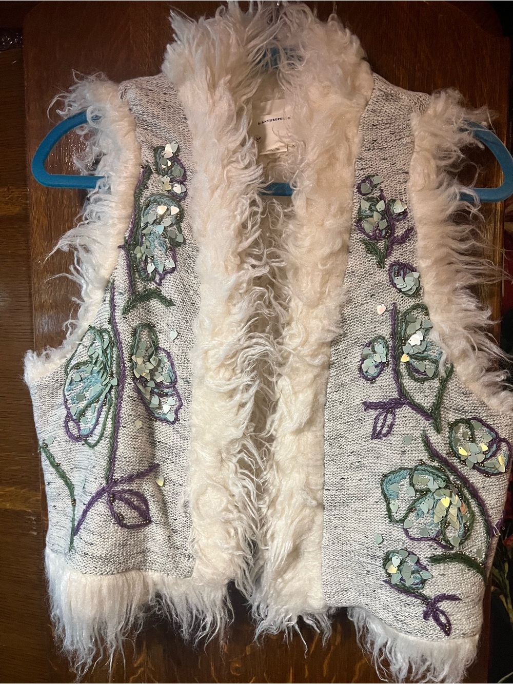 Anthropologie Cream Faux Fur Floral Sequin Vest with Purple & Green Embroidery